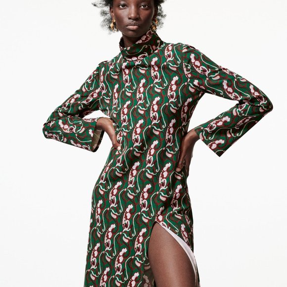 ZARA NWT Front Slit Printed Midi Dress Green - Picture 5 of 14